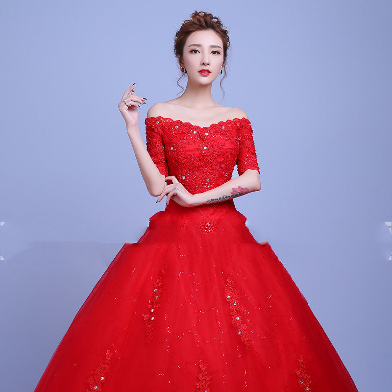 Red Wedding Dress with Shoulder Straps and Train