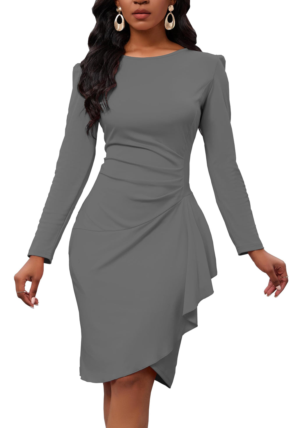 Womens Long Sleeve Bodycon Dress Crew Neck Ruched Wrap Wear to Work Church Midi Pencil Dress Elegant Grey
