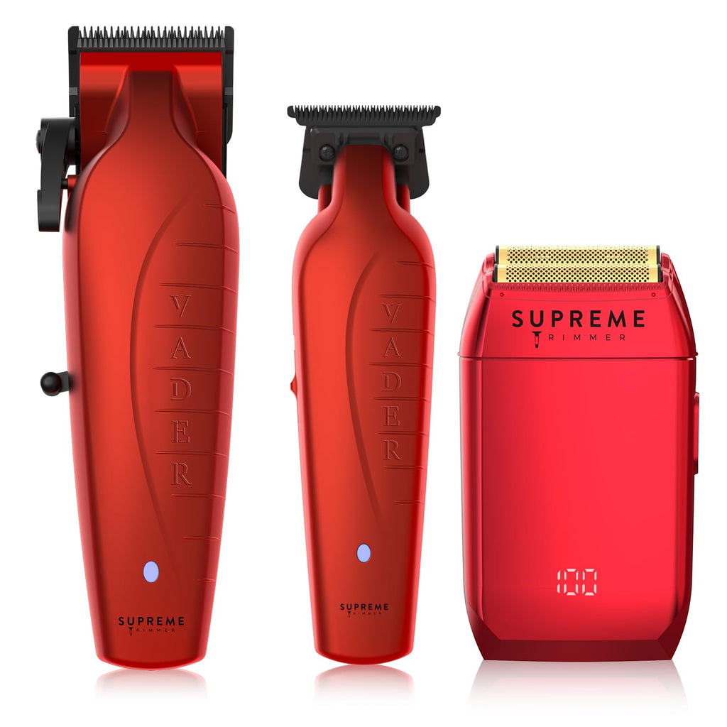 Supreme Trimmer 3-in-1 Barber Kit | Vader Clipper Vader Trimmer & Crunch Foil Shaver | Mens Professional Beard Trimmer Brushless Motor Clippers & Waterproof IPX6 Shaver | Red