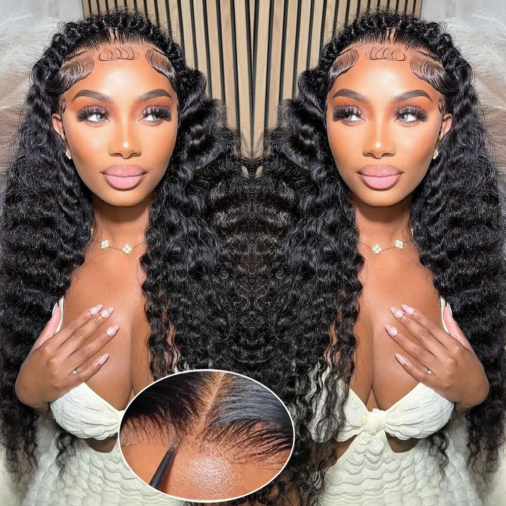 Glueless Wigs Human Hair Pre Plucked Pre Cut Wear And Go Deep Wave 13x4 Lace Front Wigs Human Hair Curly Human Hair Wig 180% Density Ready to Wear Bleached Knots Human Hair wigs for Black Women 26inch