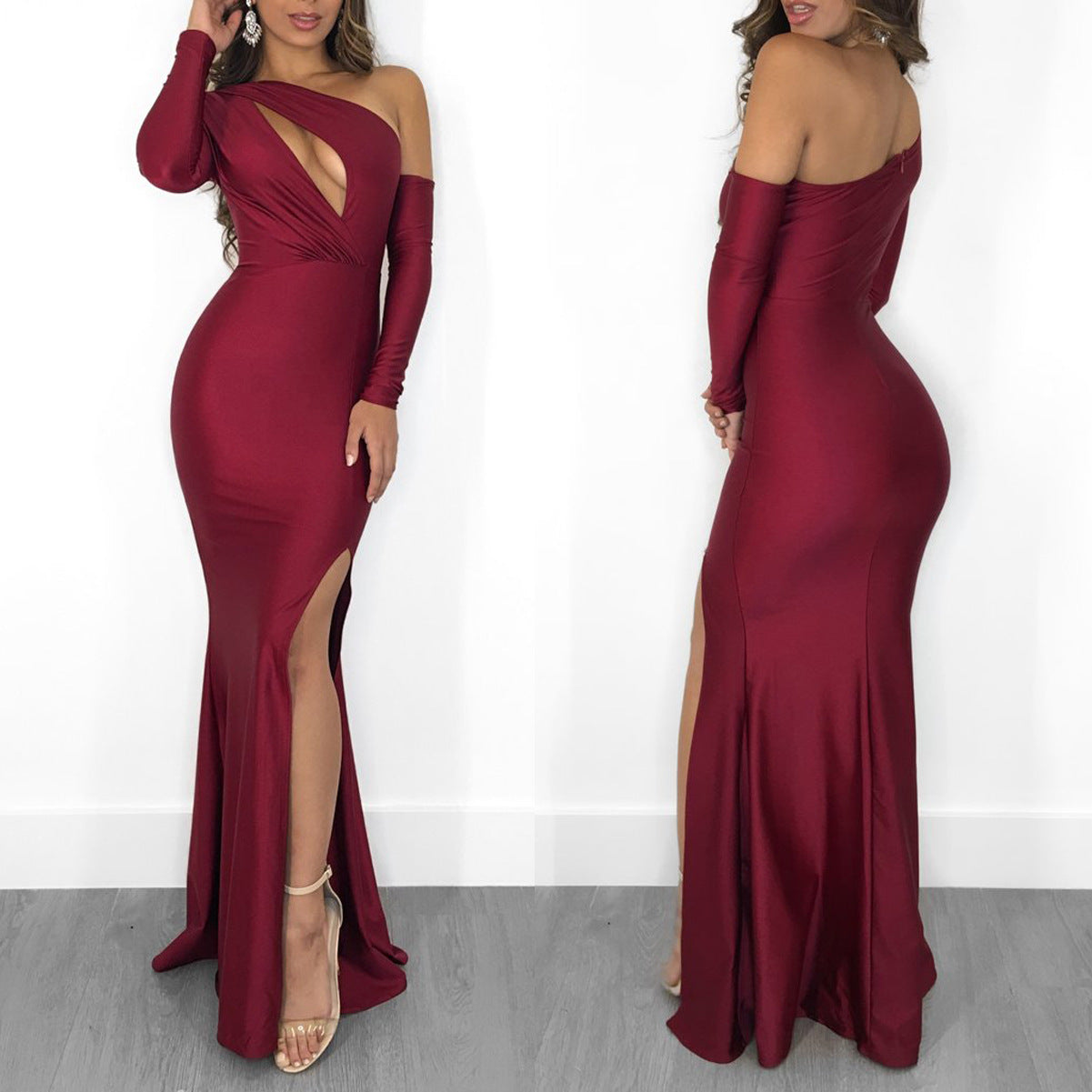 Sexy One-Shoulder Dress with Slit and Hollow Design