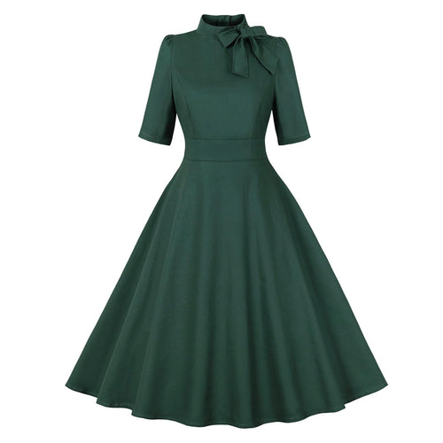 1950s Dresses for Women Rockabilly Dresses Retro Dress Short Sleeve Tie Neck Swing Dress Cocktail Dress 50s Dresses for Women Vintage Audrey Hepburn Dress Holiday Party Church Dresses Dark Green XL
