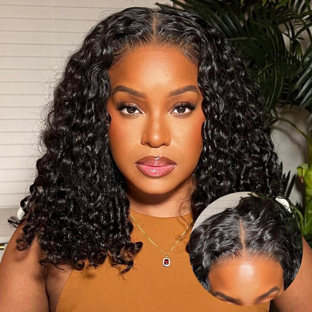Wear and Go Glueless Wigs Human Hair Pre Plucked Water Wave Short Bob Wig Human Hair Wigs for Women OQ Hair Pre Cut Lace 100% Glueless Human Hair Lace Front Wigs Beginner Friendly 12Inch