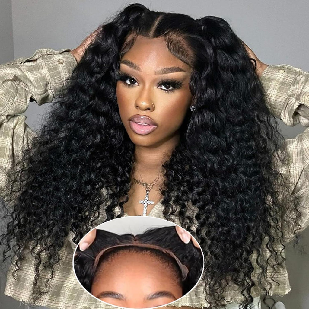 Wear And Go Glueless Wigs Human Hair Pre Plucked Pre Cut 13x4 Deep Wave Lace Front Wigs Human Hair Upgraded Glueless Wig Ready To Wear Glueless Curly Wigs For Black Women (Black 22 Inch)