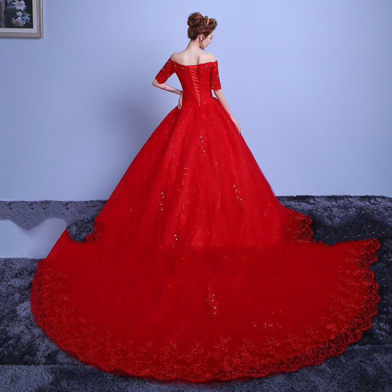 Red Wedding Dress with Shoulder Straps and Train