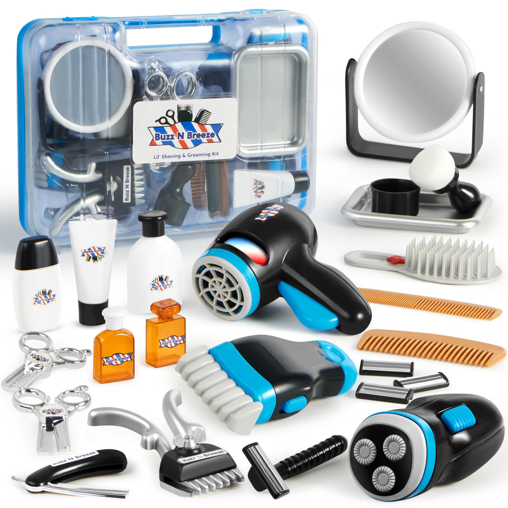 JOYIN Barber Shop Pretend Play Toy 23 Pcs Kids Shaving Kit for Boys Haircut Kit for Boys 3+ Year Old Birthday Gift Upgraded Toddler Play Set with Storage Box for Role Play