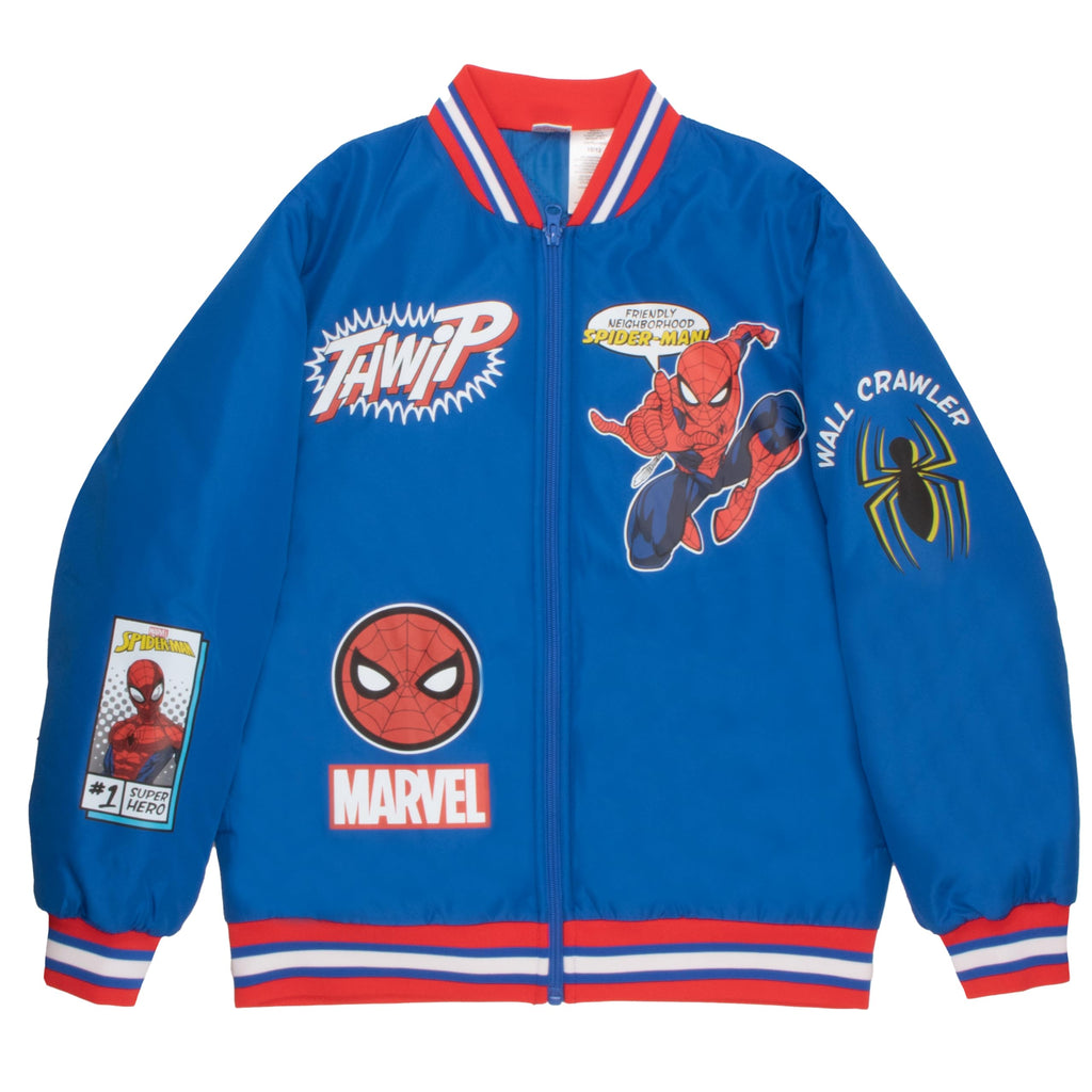 Marvel Spider-Man Miles Morales Varsity Bomber Jackets for Boys Spiderman Graphic Print Lightweight Zip-Up Varsity Jackets for Kids and Teens (Blue Size 18)