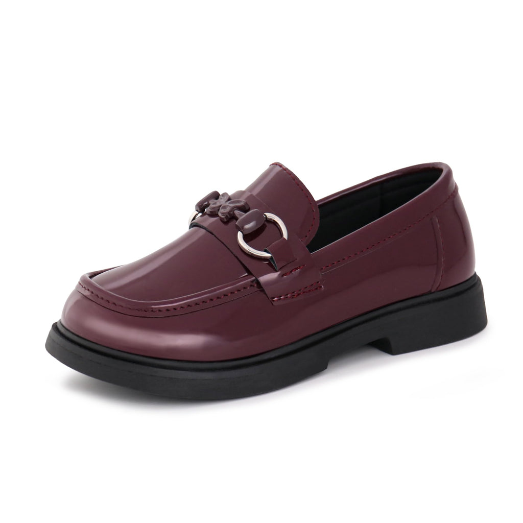 Tobfis Girls Slip-On Round Toe Oxford Butterfly Metal Chain Patent Leather Penny Loafers Flats Church School Uniform Kids Moccasins Dress Shoes (Toddler/Little Kid/Big Kid)，Burgundy PU 11 M US