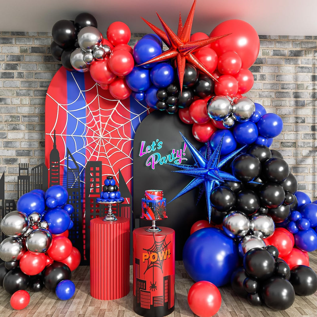 132PCS Black Red and Blue Balloons Arch Garland Kit Spider Theme Balloon Arch for man with Balloons for Baby Shower Spider Theme Birthday Party Decorations