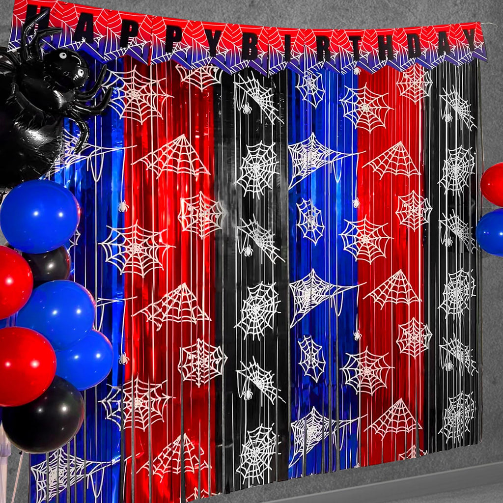 Spider Web Birthday Decorations 3 Pack Spider Foil Fringe Curtains with Happy Birthday Banner Spider Party Decoration Supplies 3.3 x 6.6ft Red Black and Blue Spider Backdrop Decor for Kids Boys