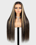 Megalook hair 6x5 Glueless Wigs Human Hair Pre Plucked Pre Cut Balayage Wig Human Hair 220% Density Lace Closure Wig Highlight Straight Wig Human Hair FB27# Bleached Knots 28 Inch