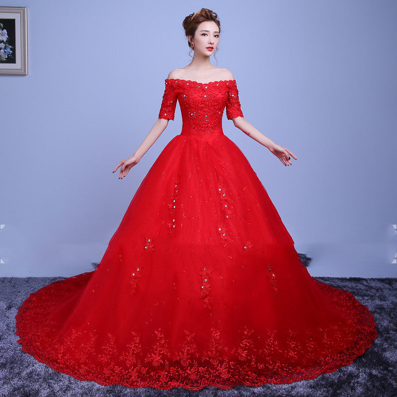 Red Wedding Dress with Shoulder Straps and Train